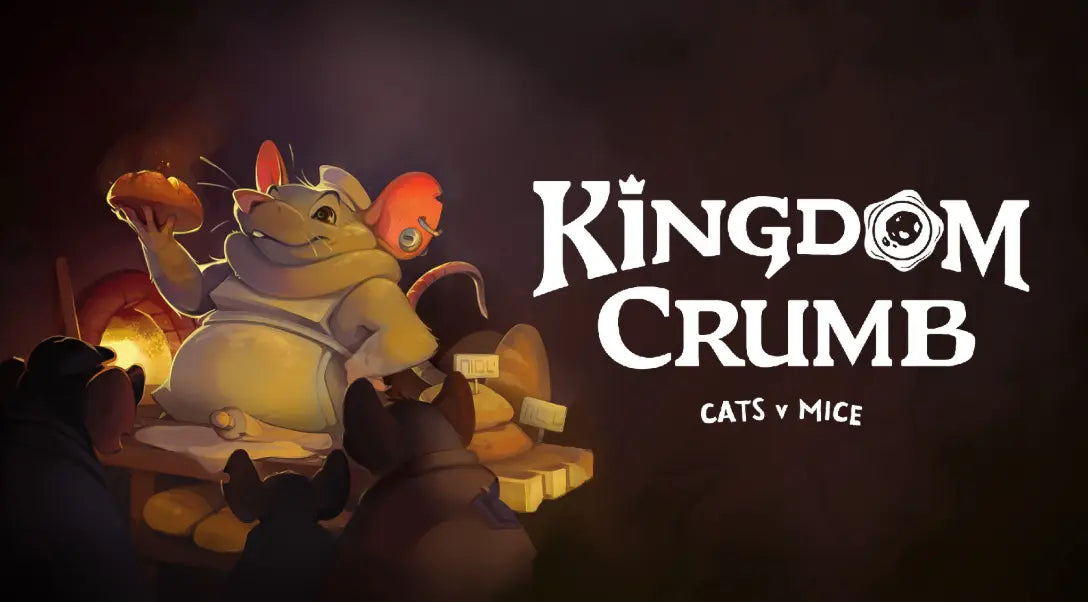 Kingdom Crumb: Cats v Mice. A plump mouse baker holds a loaf aloft before his followers
