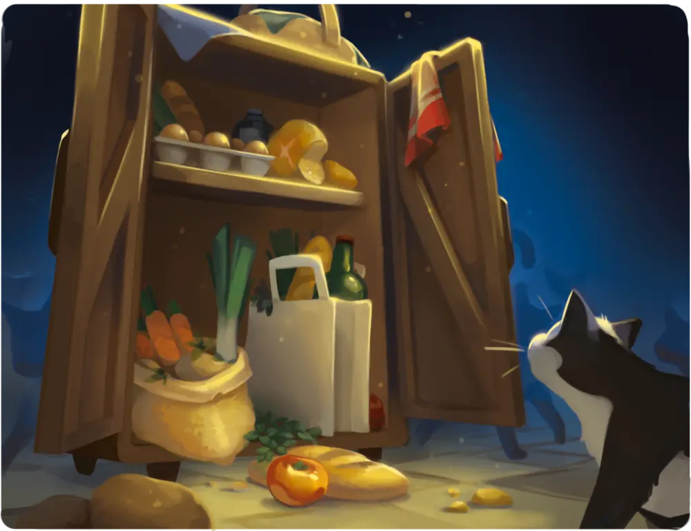 A cat peers into a raided pantry by night