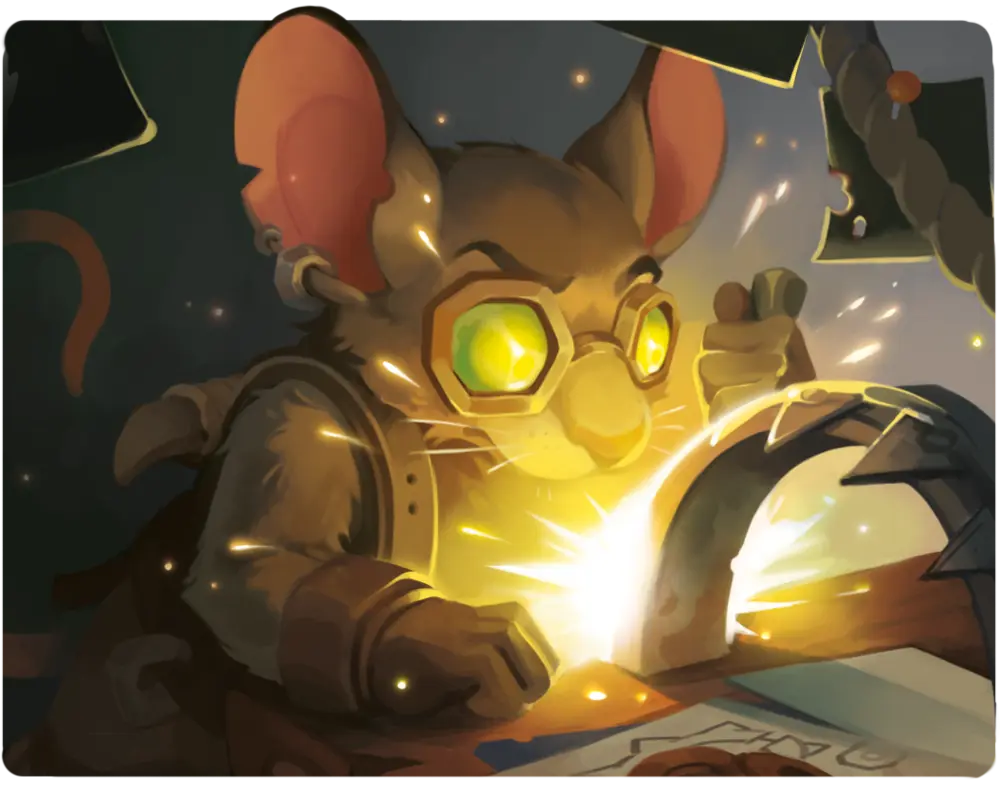 A mouse tinkerer at work by lantern light